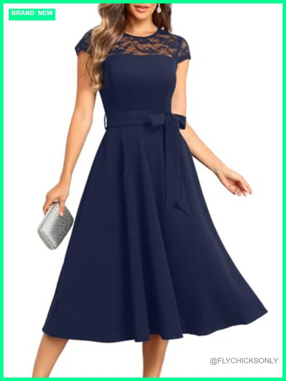 A-Line Midi Cocktail Dress Lace Cap Sleeve Tie Belt Semi Formal